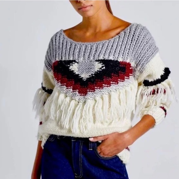 Current/Elliott Sweaters - Current/Elliott Women's Rosemary Wool Alpaca Fringe Sweater Grey Cream